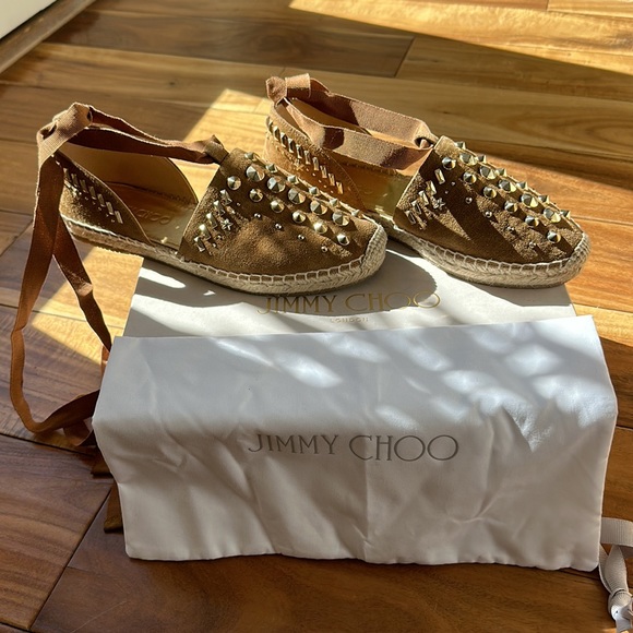 Jimmy Choo - Tan - Dolphin Espadrilles Flats w/ Punk Studs - Picture 2 of 7
